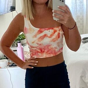 Tie-Dye One-Shoulder Cropped Tank Top - Orange/red